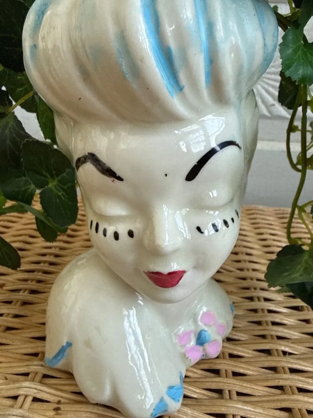 Vintage 1950s Glamour Girl Head Vase Planter With Ivy Faux Plant